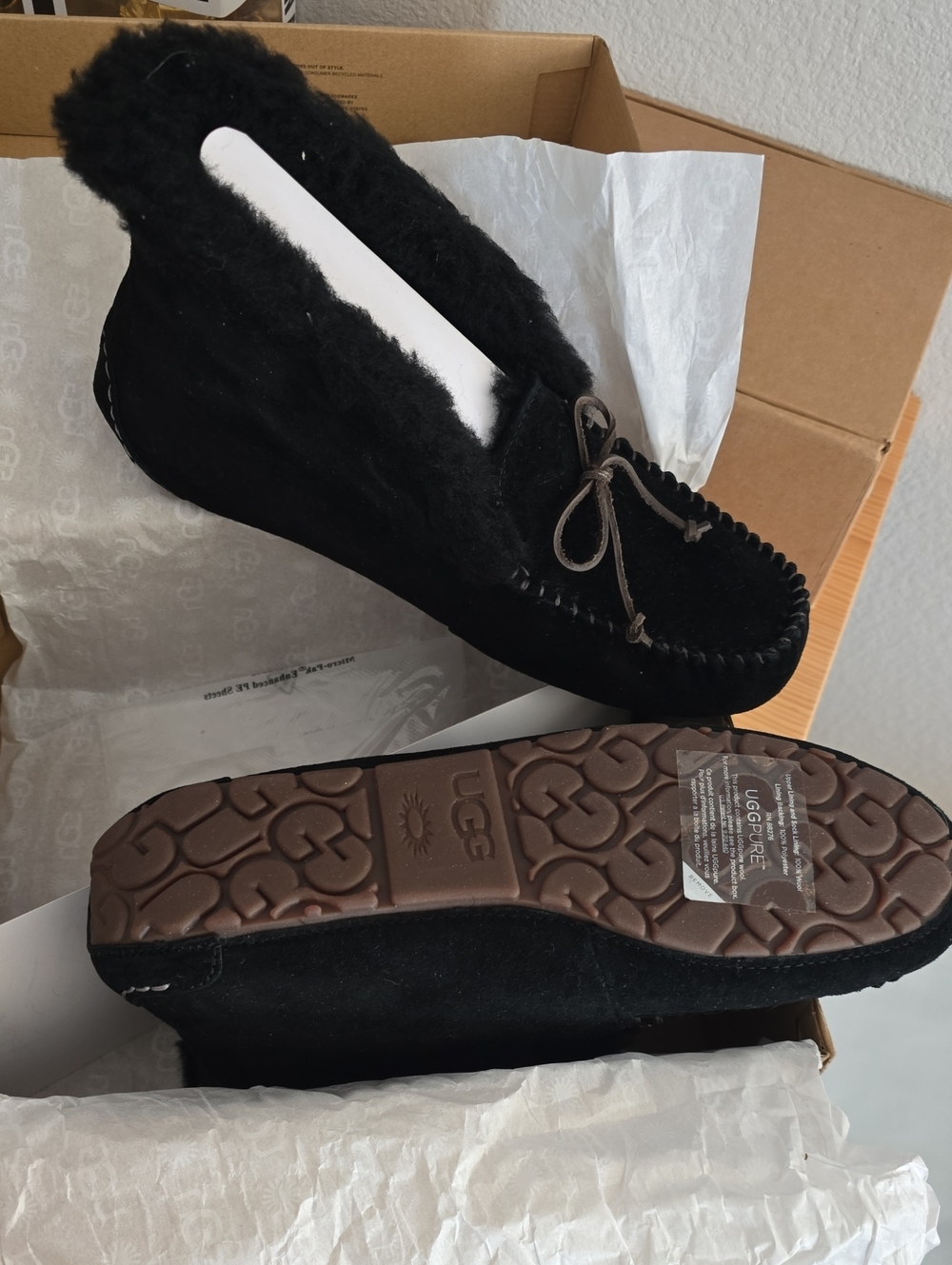 UGG Black Suede Shearling Moccasin Slipper with Bow